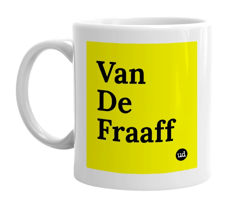 White mug with 'Van De Fraaff' in bold black letters