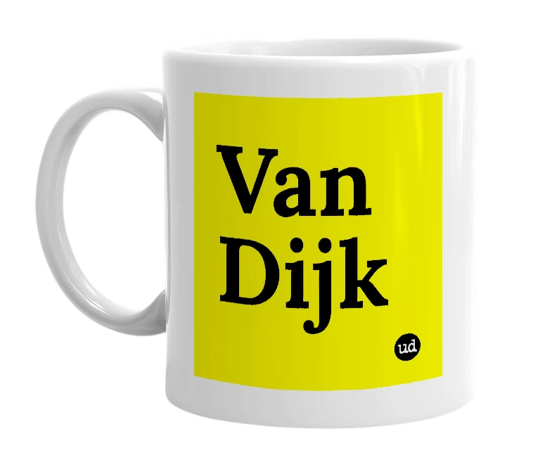 White mug with 'Van Dijk' in bold black letters