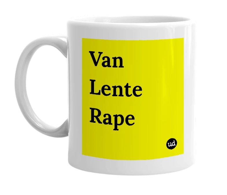 White mug with 'Van Lente Rape' in bold black letters