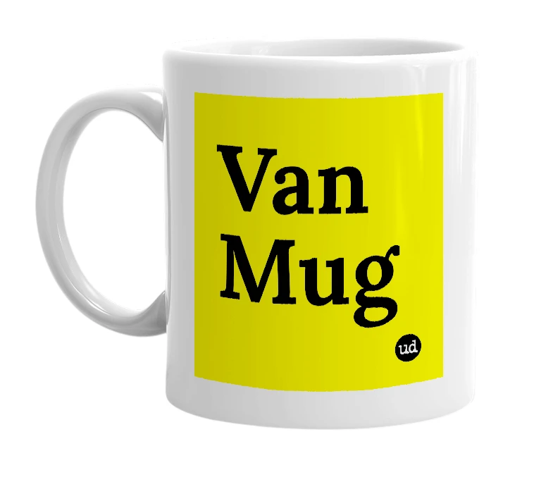 White mug with 'Van Mug' in bold black letters