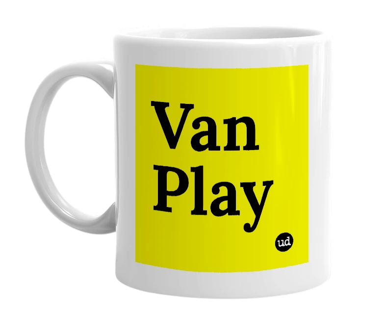 White mug with 'Van Play' in bold black letters