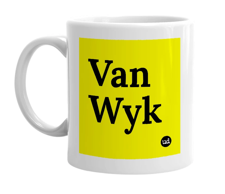 White mug with 'Van Wyk' in bold black letters