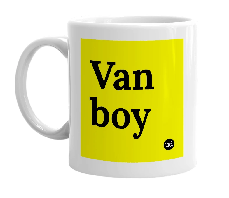 White mug with 'Van boy' in bold black letters
