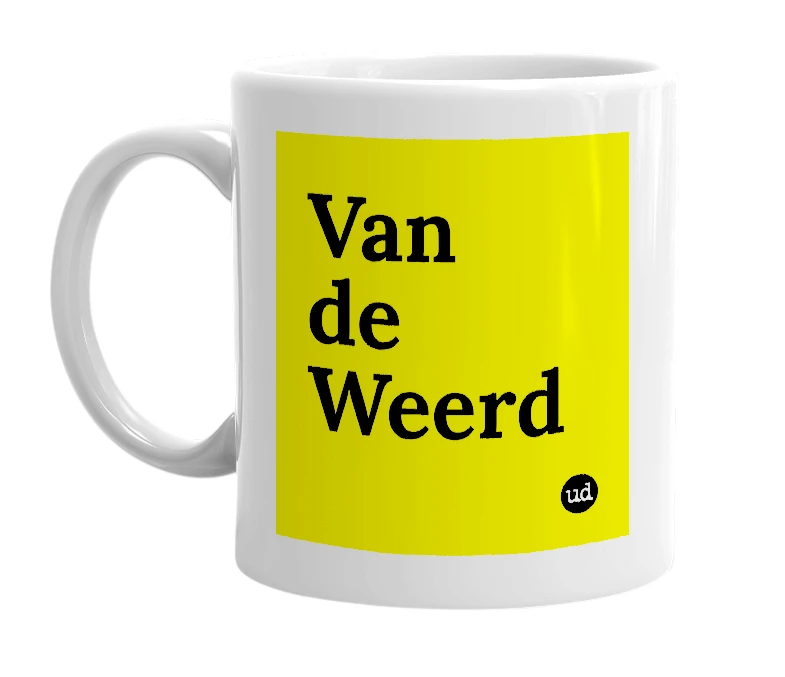 White mug with 'Van de Weerd' in bold black letters
