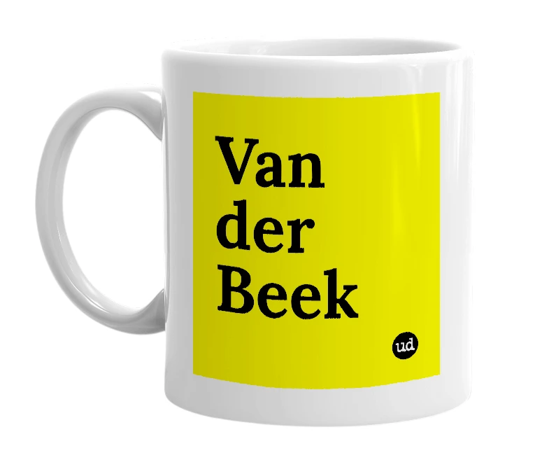 White mug with 'Van der Beek' in bold black letters