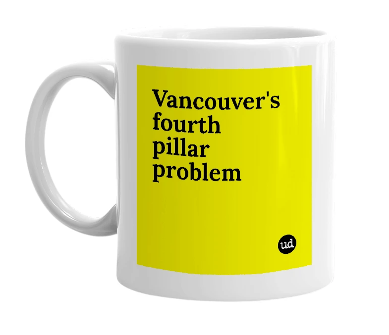 White mug with 'Vancouver's fourth pillar problem' in bold black letters
