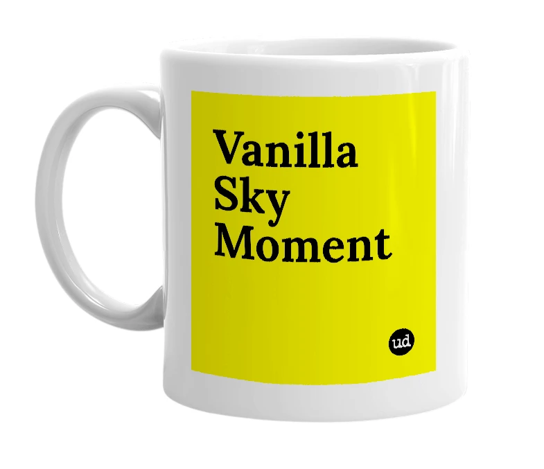 White mug with 'Vanilla Sky Moment' in bold black letters