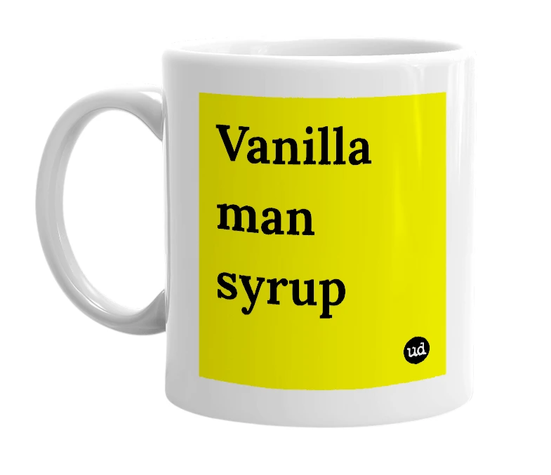 White mug with 'Vanilla man syrup' in bold black letters