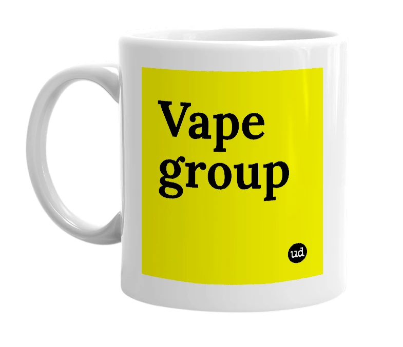 White mug with 'Vape group' in bold black letters