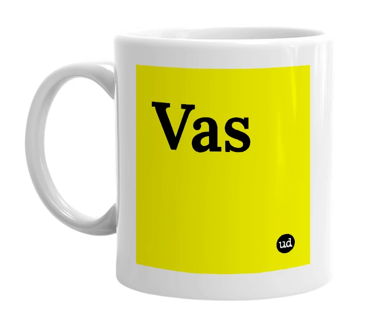 White mug with 'Vas' in bold black letters