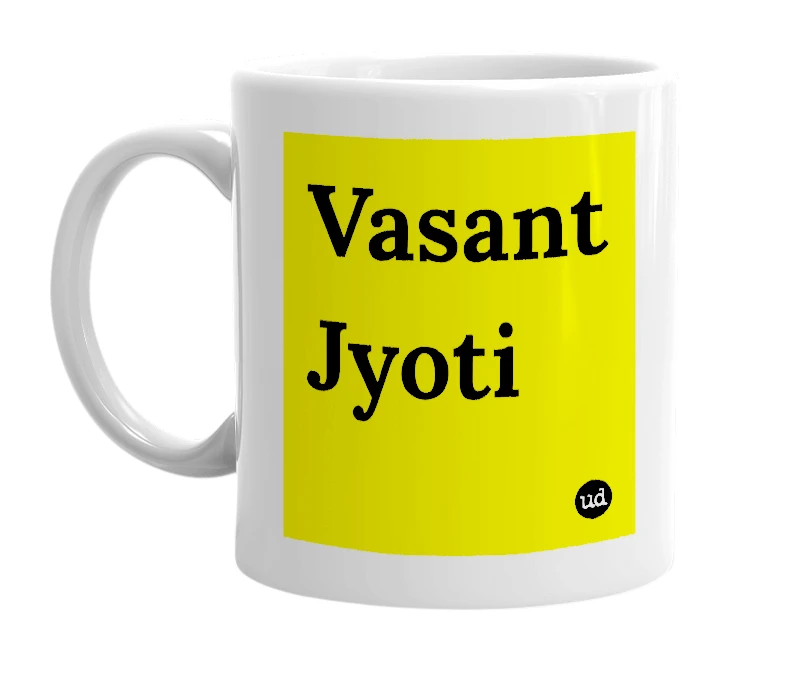 White mug with 'Vasant Jyoti' in bold black letters