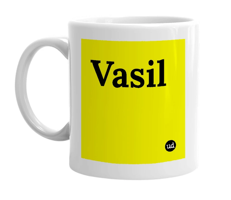 White mug with 'Vasil' in bold black letters