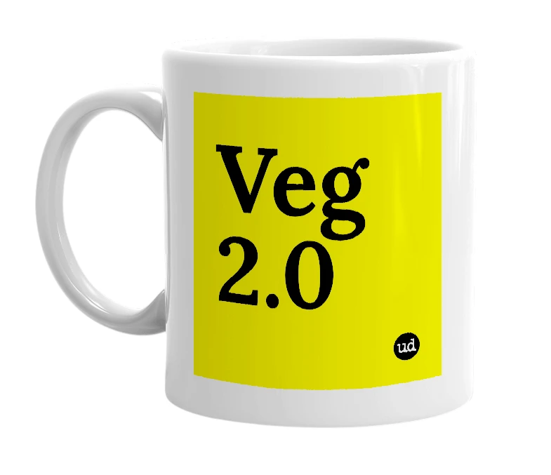 White mug with 'Veg 2.0' in bold black letters