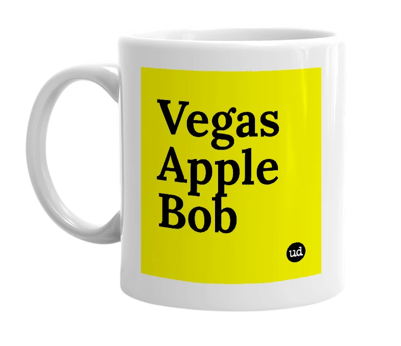 White mug with 'Vegas Apple Bob' in bold black letters