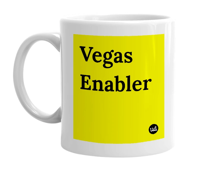 White mug with 'Vegas Enabler' in bold black letters