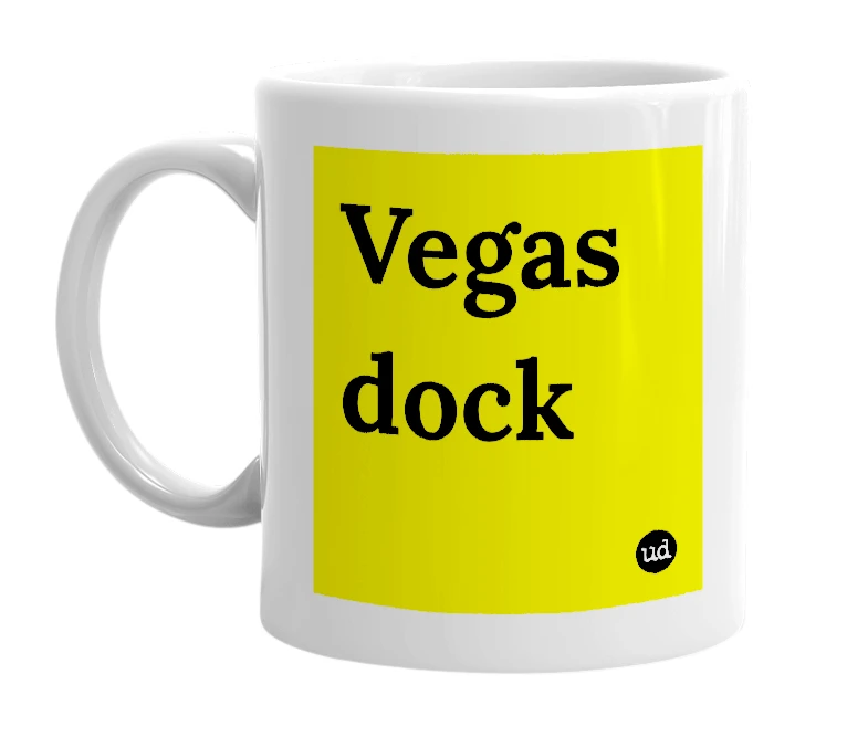 White mug with 'Vegas dock' in bold black letters