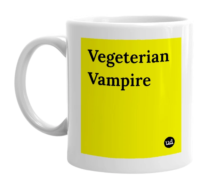 White mug with 'Vegeterian Vampire' in bold black letters