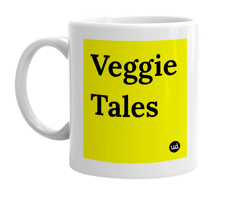 White mug with 'Veggie Tales' in bold black letters