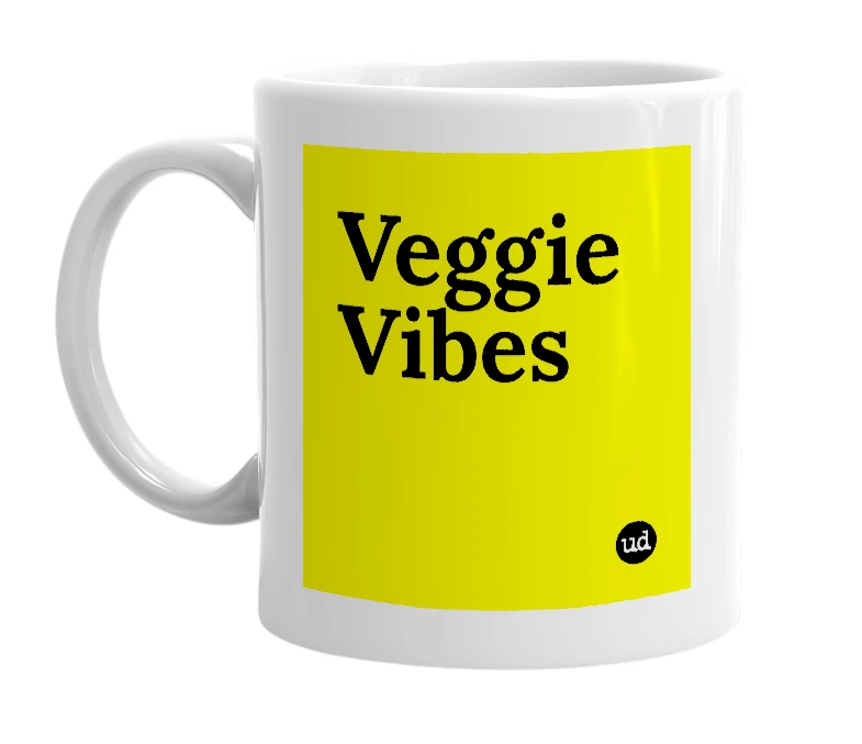 White mug with 'Veggie Vibes' in bold black letters