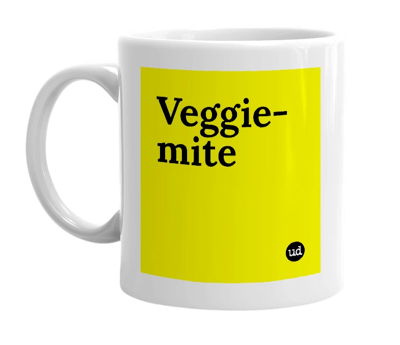 White mug with 'Veggie-mite' in bold black letters