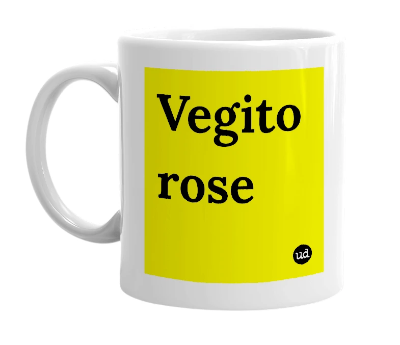 White mug with 'Vegito rose' in bold black letters