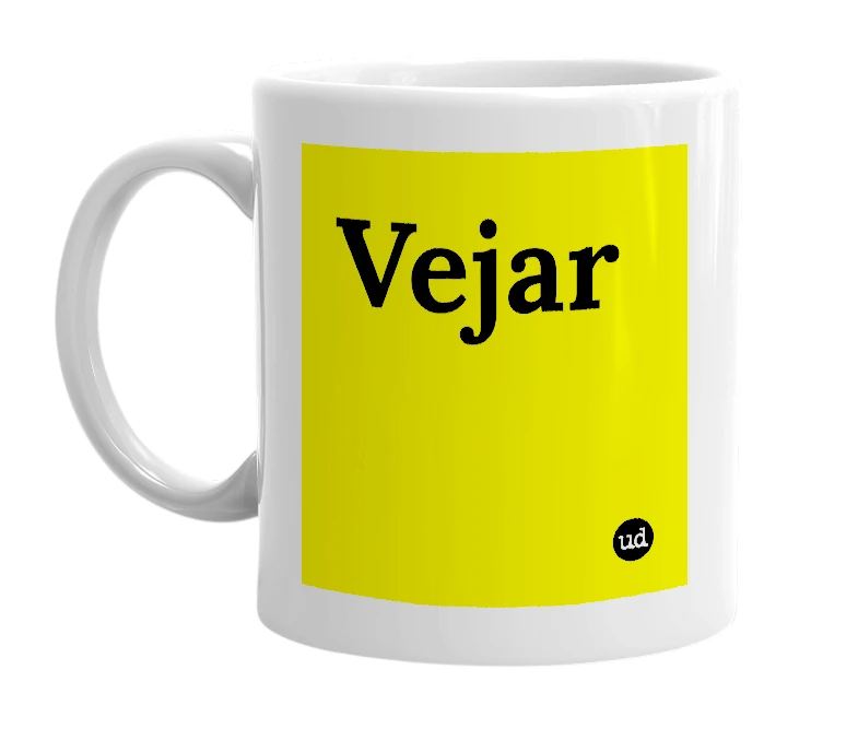 White mug with 'Vejar' in bold black letters
