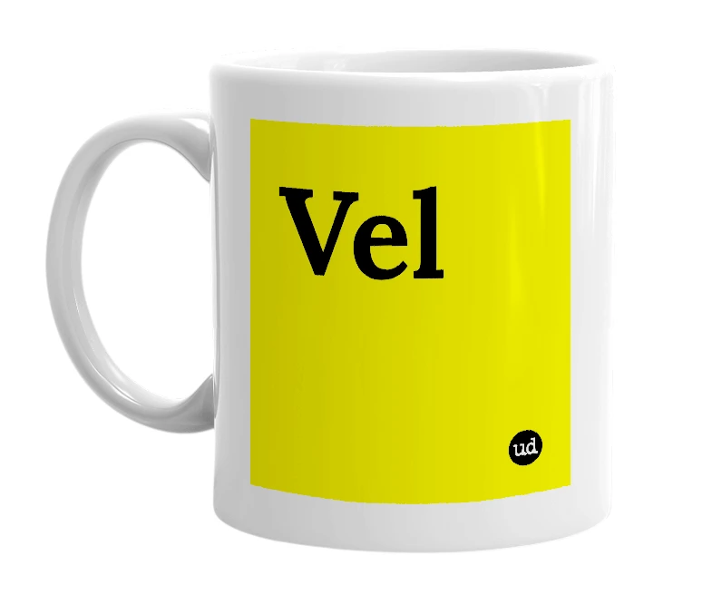 White mug with 'Vel' in bold black letters