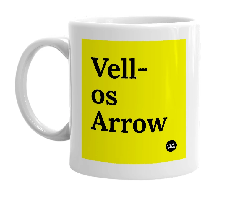 White mug with 'Vell-os Arrow' in bold black letters