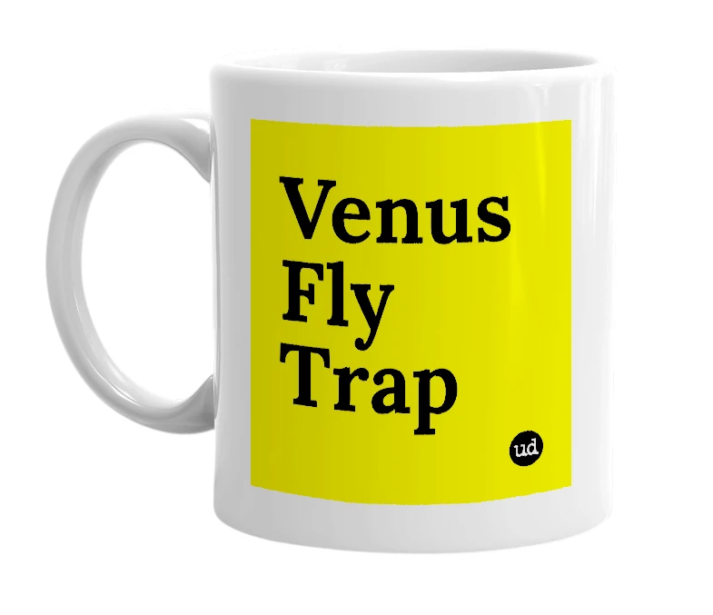 White mug with 'Venus Fly Trap' in bold black letters