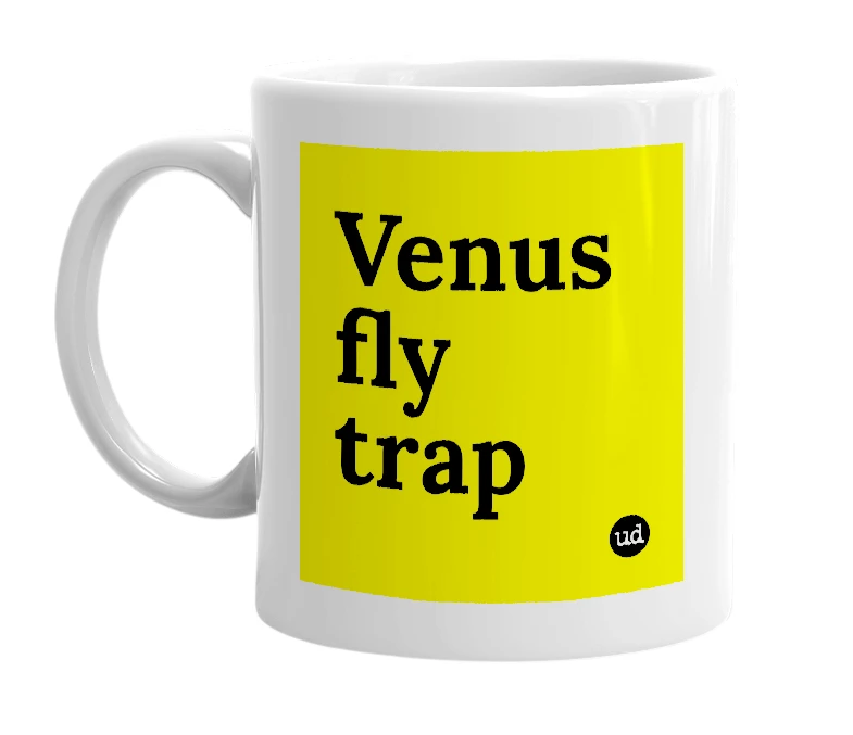 White mug with 'Venus fly trap' in bold black letters