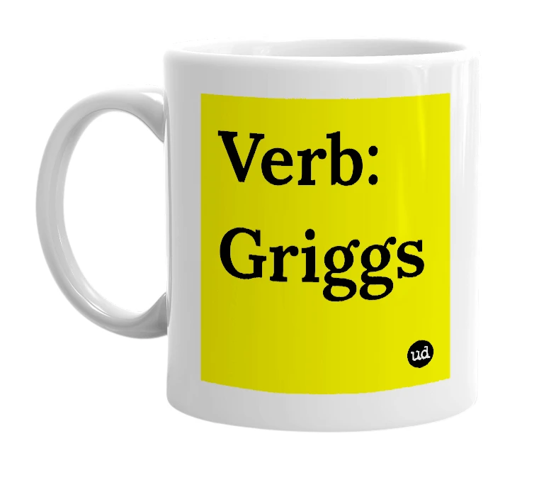 White mug with 'Verb: Griggs' in bold black letters