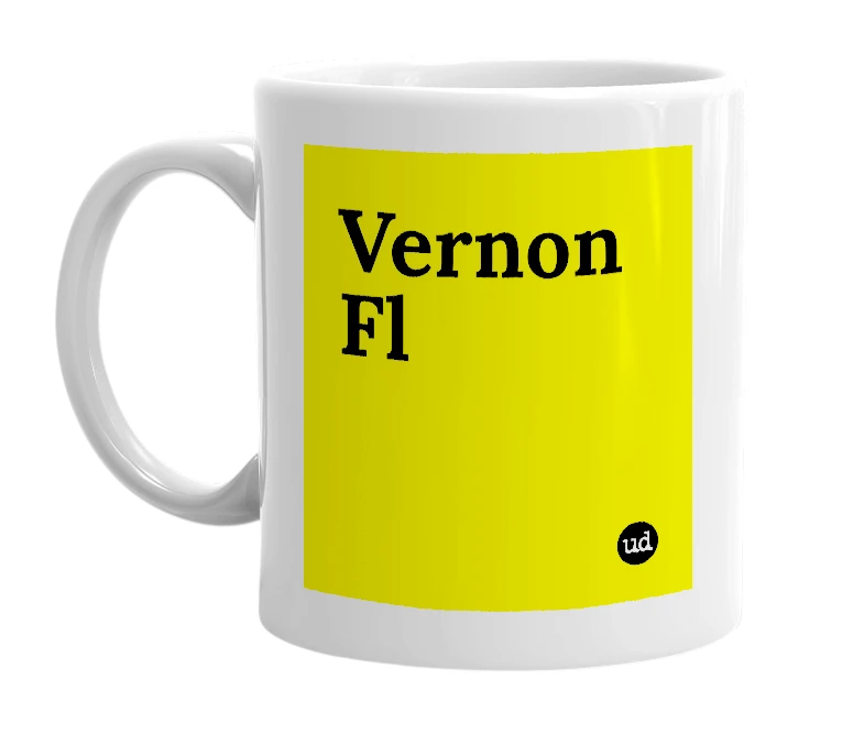 White mug with 'Vernon Fl' in bold black letters