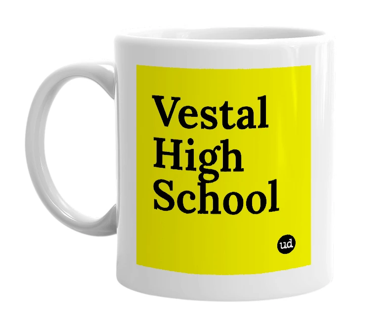 White mug with 'Vestal High School' in bold black letters