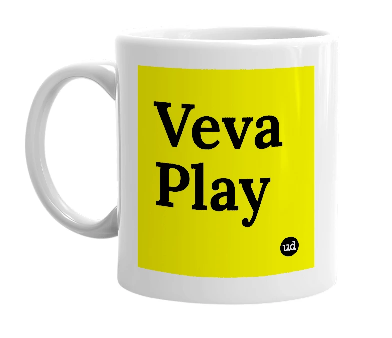 White mug with 'Veva Play' in bold black letters