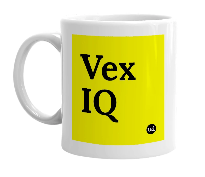 White mug with 'Vex IQ' in bold black letters