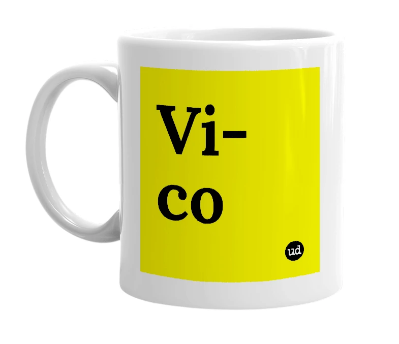 White mug with 'Vi-co' in bold black letters