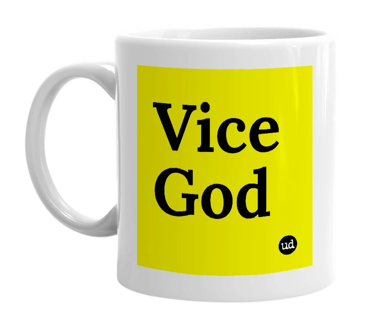 White mug with 'Vice God' in bold black letters