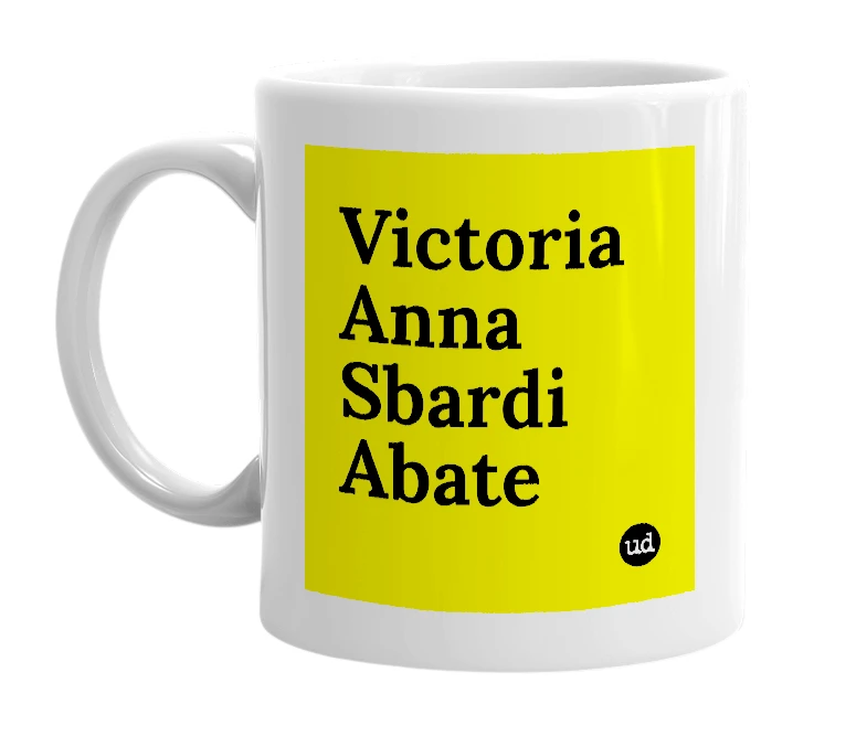 White mug with 'Victoria Anna Sbardi Abate' in bold black letters