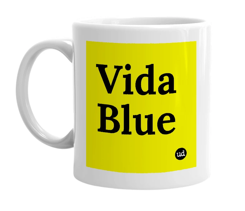 White mug with 'Vida Blue' in bold black letters