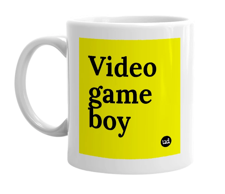 White mug with 'Video game boy' in bold black letters