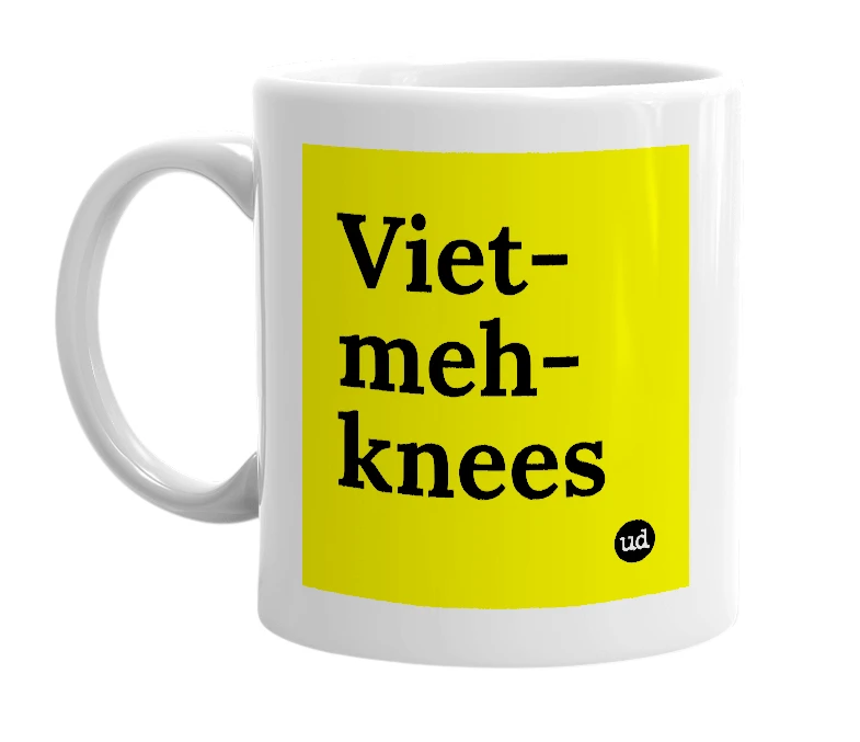 White mug with 'Viet-meh-knees' in bold black letters