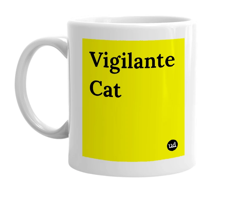White mug with 'Vigilante Cat' in bold black letters