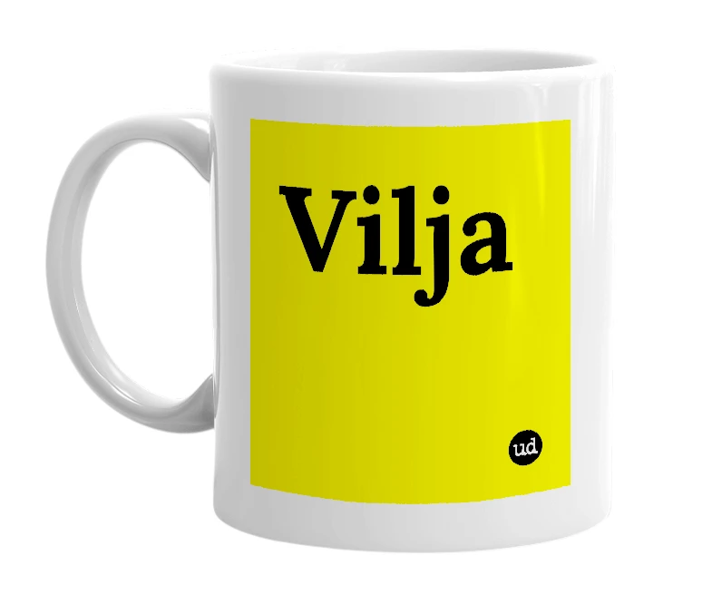 White mug with 'Vilja' in bold black letters