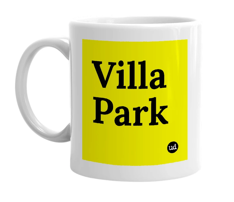 White mug with 'Villa Park' in bold black letters