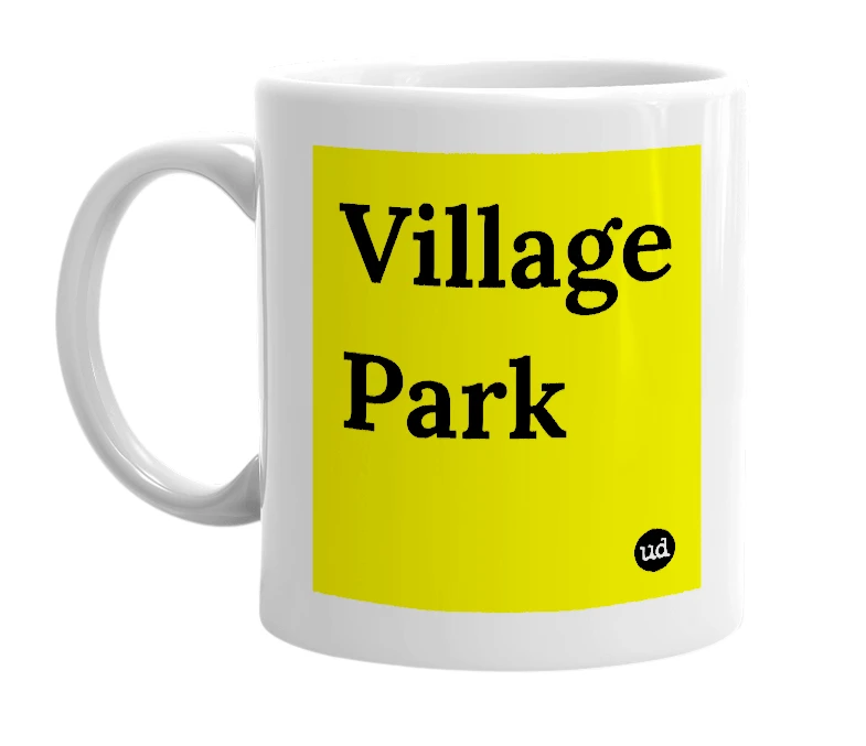 White mug with 'Village Park' in bold black letters