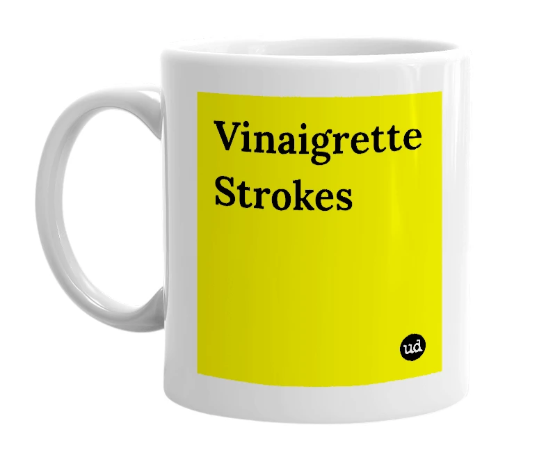 White mug with 'Vinaigrette Strokes' in bold black letters