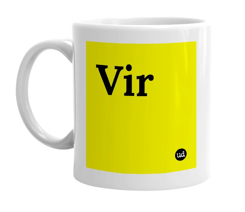 White mug with 'Vir' in bold black letters