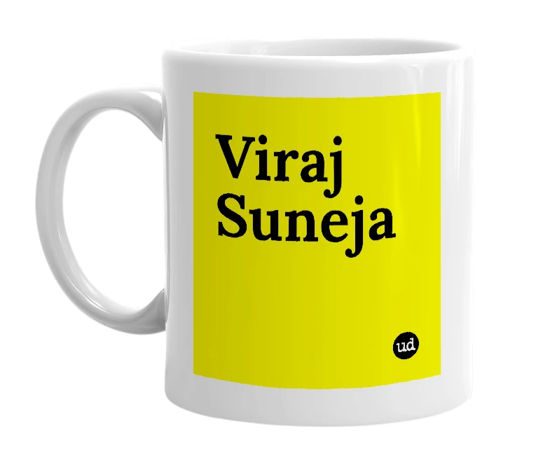 White mug with 'Viraj Suneja' in bold black letters
