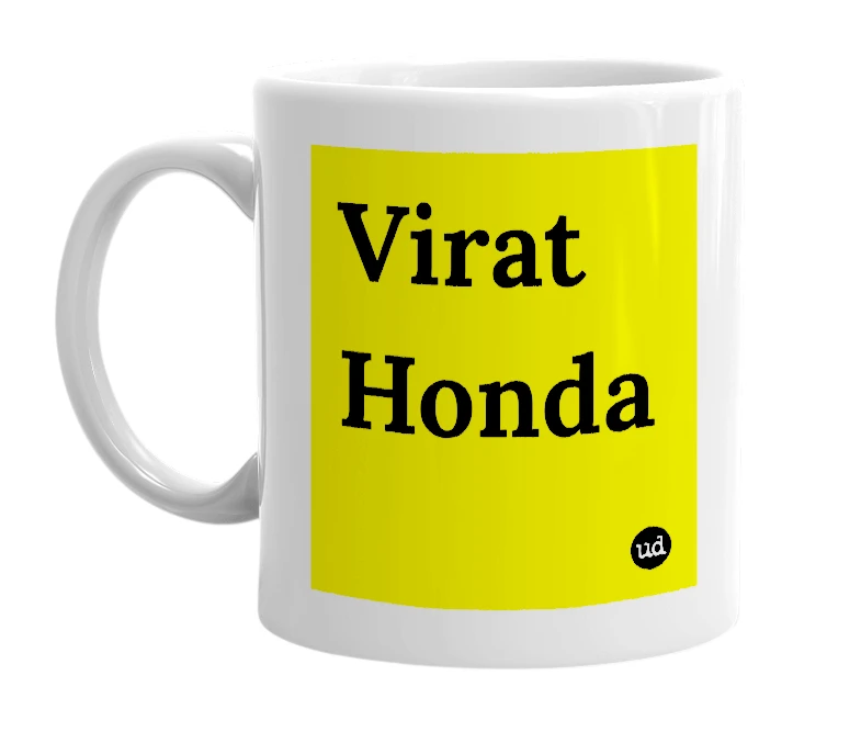 White mug with 'Virat Honda' in bold black letters