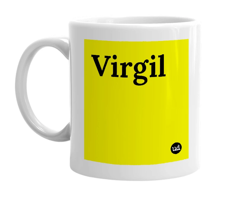 White mug with 'Virgil' in bold black letters